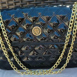 Anne Klein Quilted Black Patent Leather Flap Crossbody/Shoulder Bag